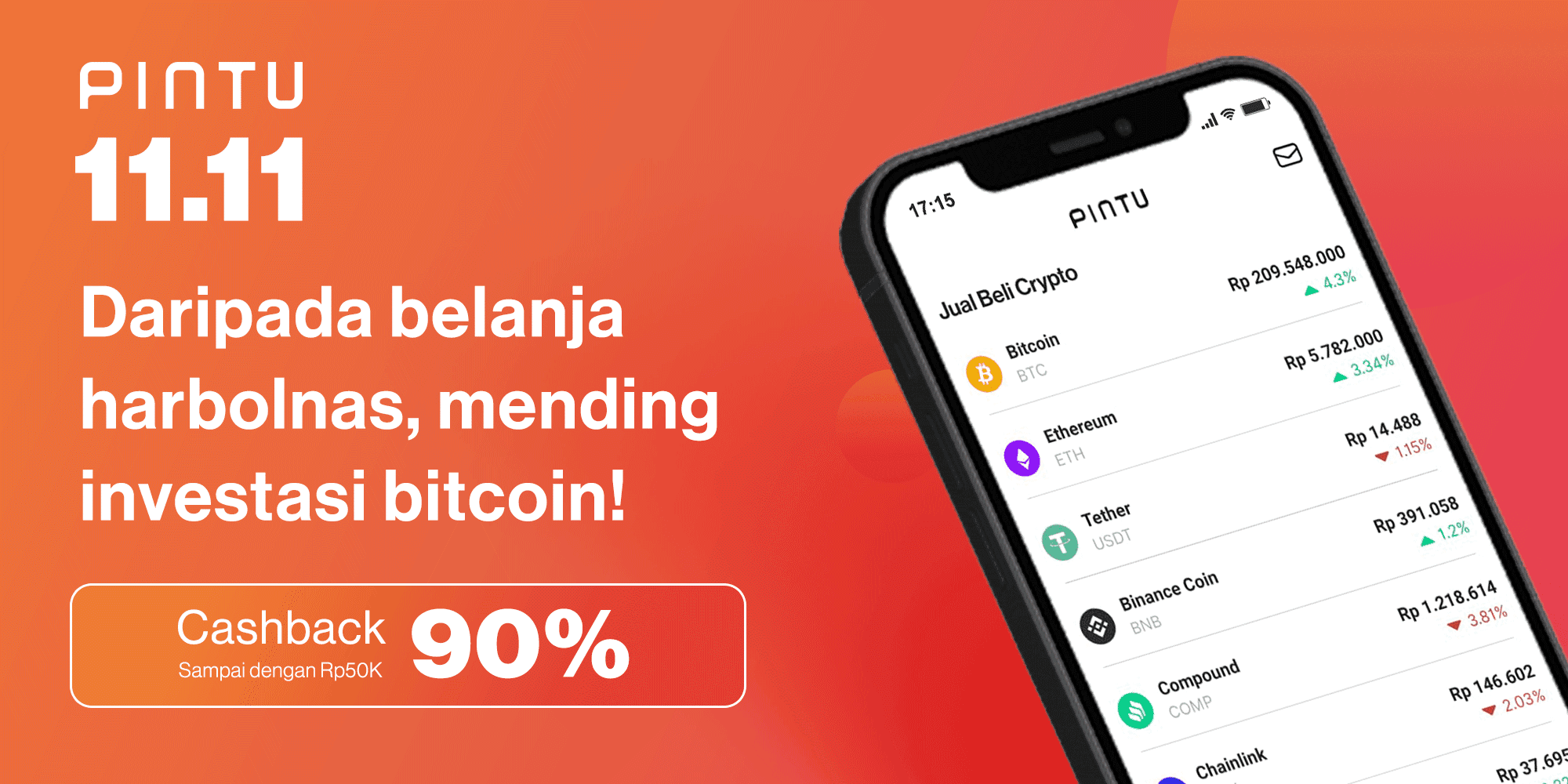 Gambar Promo 11.11: Bitcoin naik 11%, Beli Sekarang Cashback 90%!